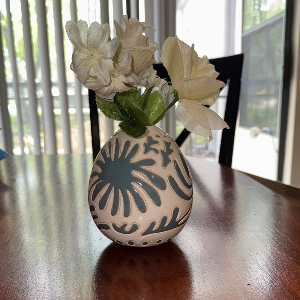 Abstract Ceramic Vase with Blue Accents